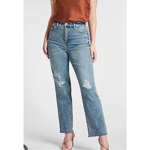Express Modern Straight Super High Rise Women's Blue Distressed Jeans